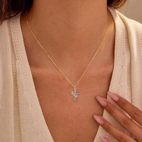 Faith Crown Cross Pendant Necklace 14K Gold Silver Plated Birthstone Gift - Picture 3 of 9